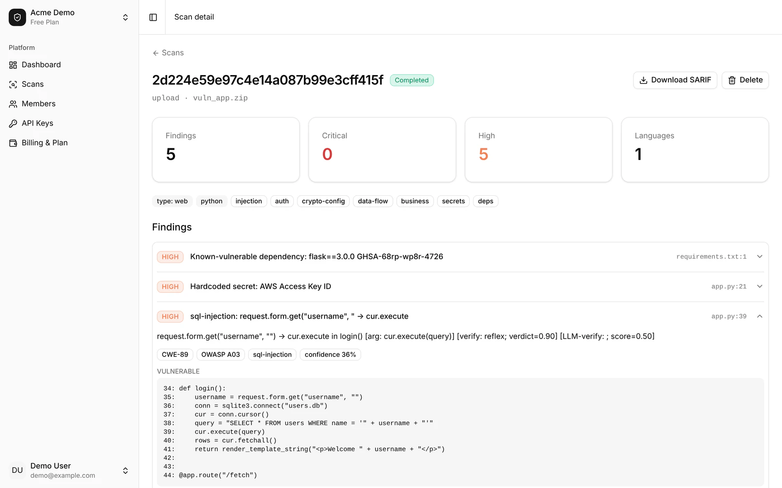 A SQL injection finding expanded to show its CWE and OWASP labels and the vulnerable lines of a Flask login function