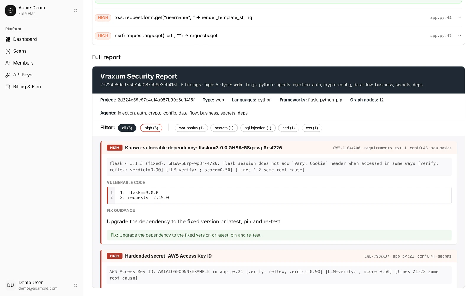 Embedded Vraxum security report with severity and skill filters and a known-vulnerable dependency finding with fix guidance