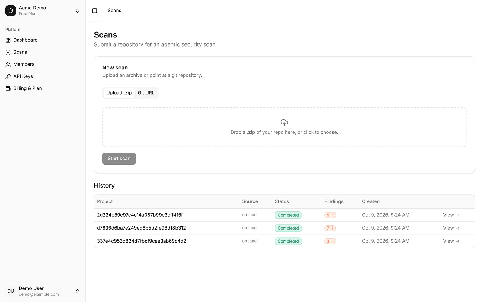 Scans page with an upload area for a zip file, a Git URL tab and a history table of three completed scans